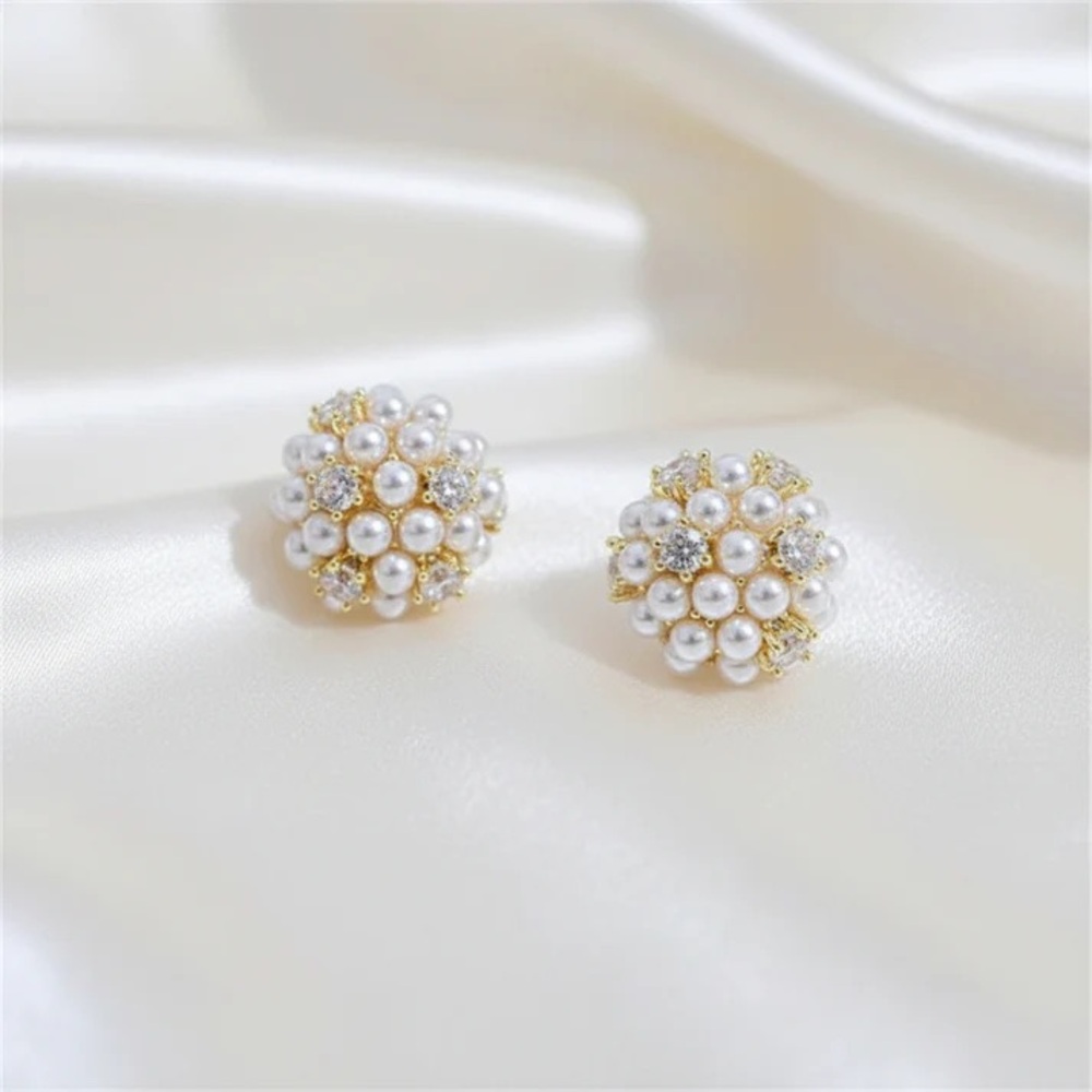 Gold and White Pearl Cluster Stud Earrings - Timeless Floral Design